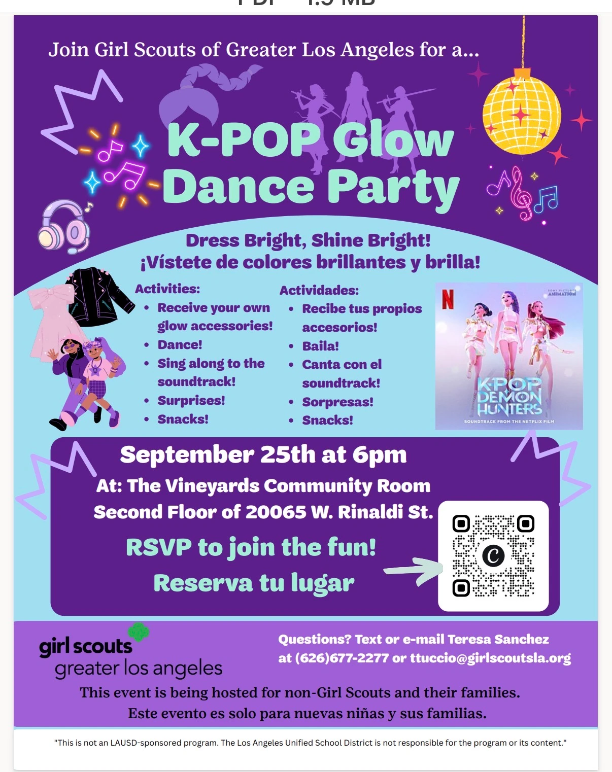 Flyer: K-POP Glow Dance Party, Friday September 25 at 6pm, The Vineyards Community Room, second floor of 20065 W. Rinaldi St. Dress bright, shine bright. Tap to RSVP.